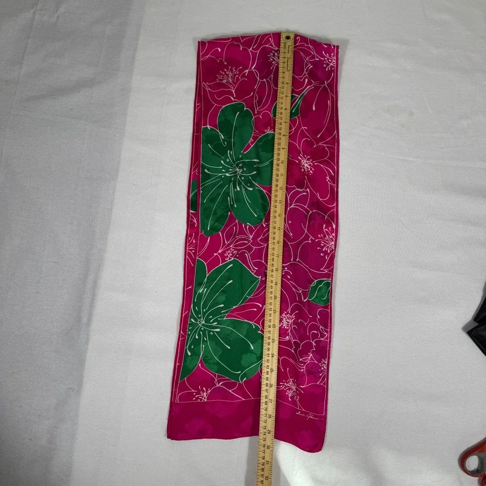 Ginnie Johnson Pink Hibiscus Floral Silk‎ Scarf Tropical Botanical Signed 61x11
